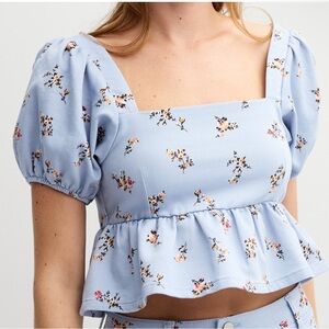 Tinseltown Blue Puff Sleeve Ruffled Peplum Blouse
